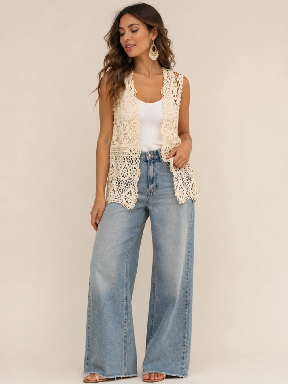 NWT Crochet Lace Open Vest in Cream